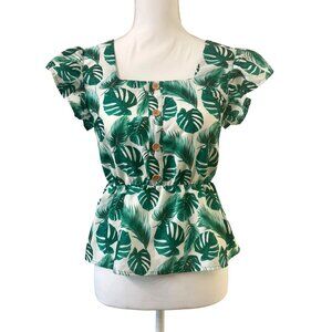 Womens Green Tropical Leaf Print Button-Up Peplum Top Size M